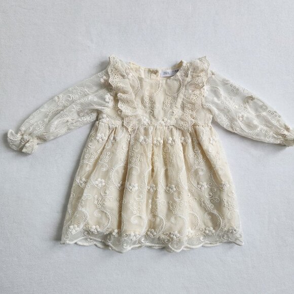 Zara Other - Zara Baby Girls Toddler Ivory Lace Dress Sheer Floral Embroidery Ruffles Pretty